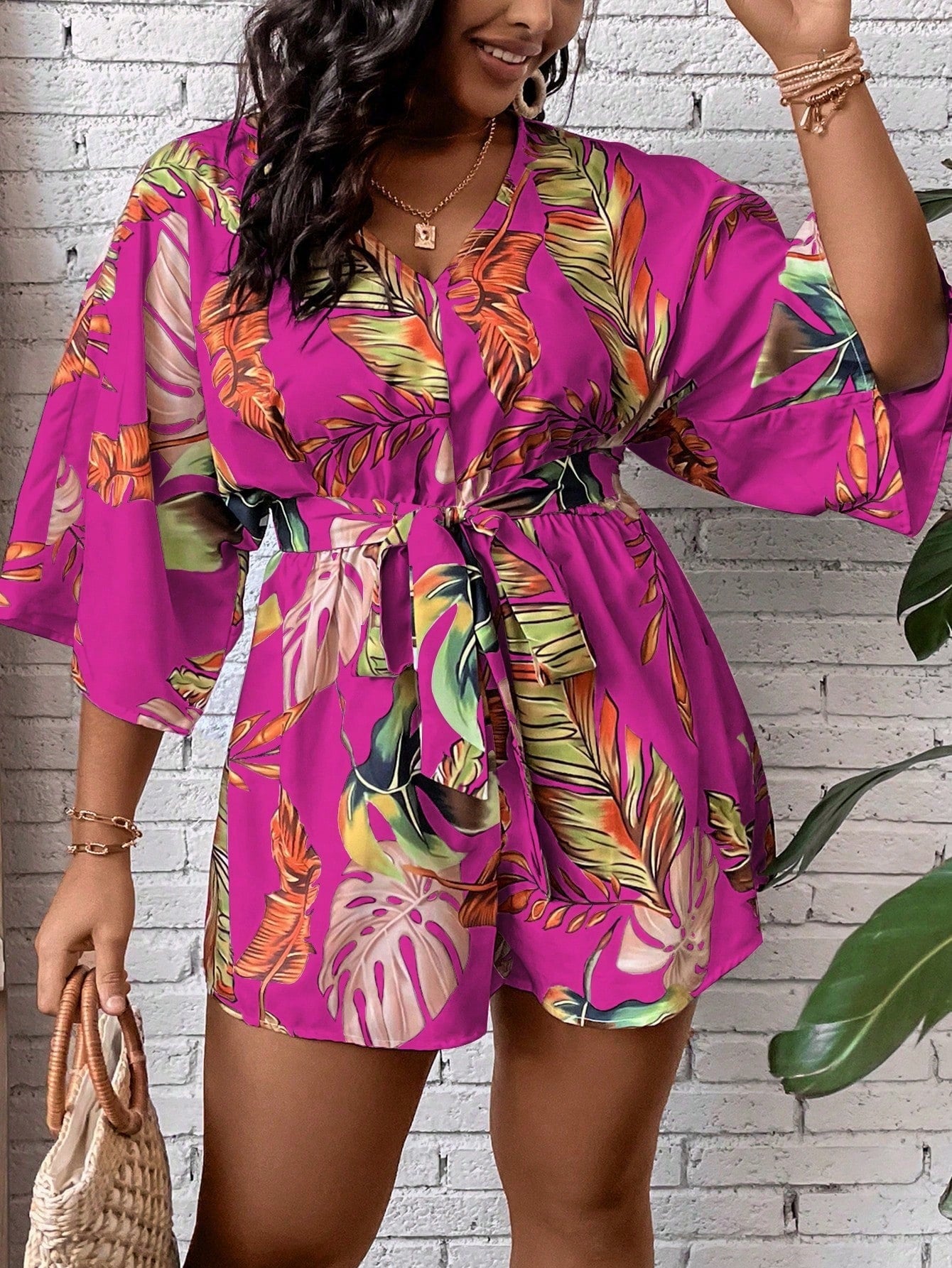 Plus Tropical Print Batwing Sleeve Belted Romper