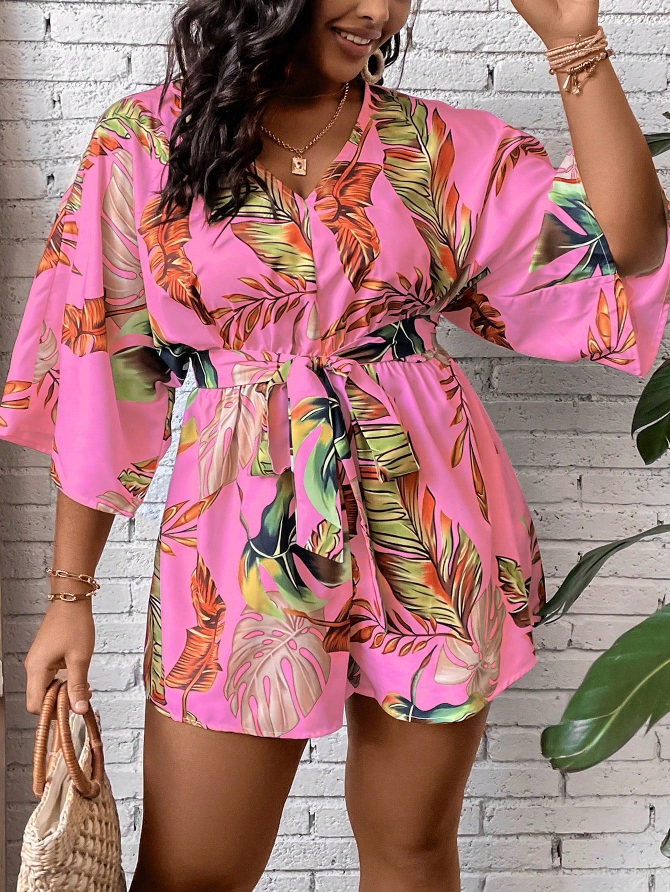 Plus Tropical Print Batwing Sleeve Belted Romper