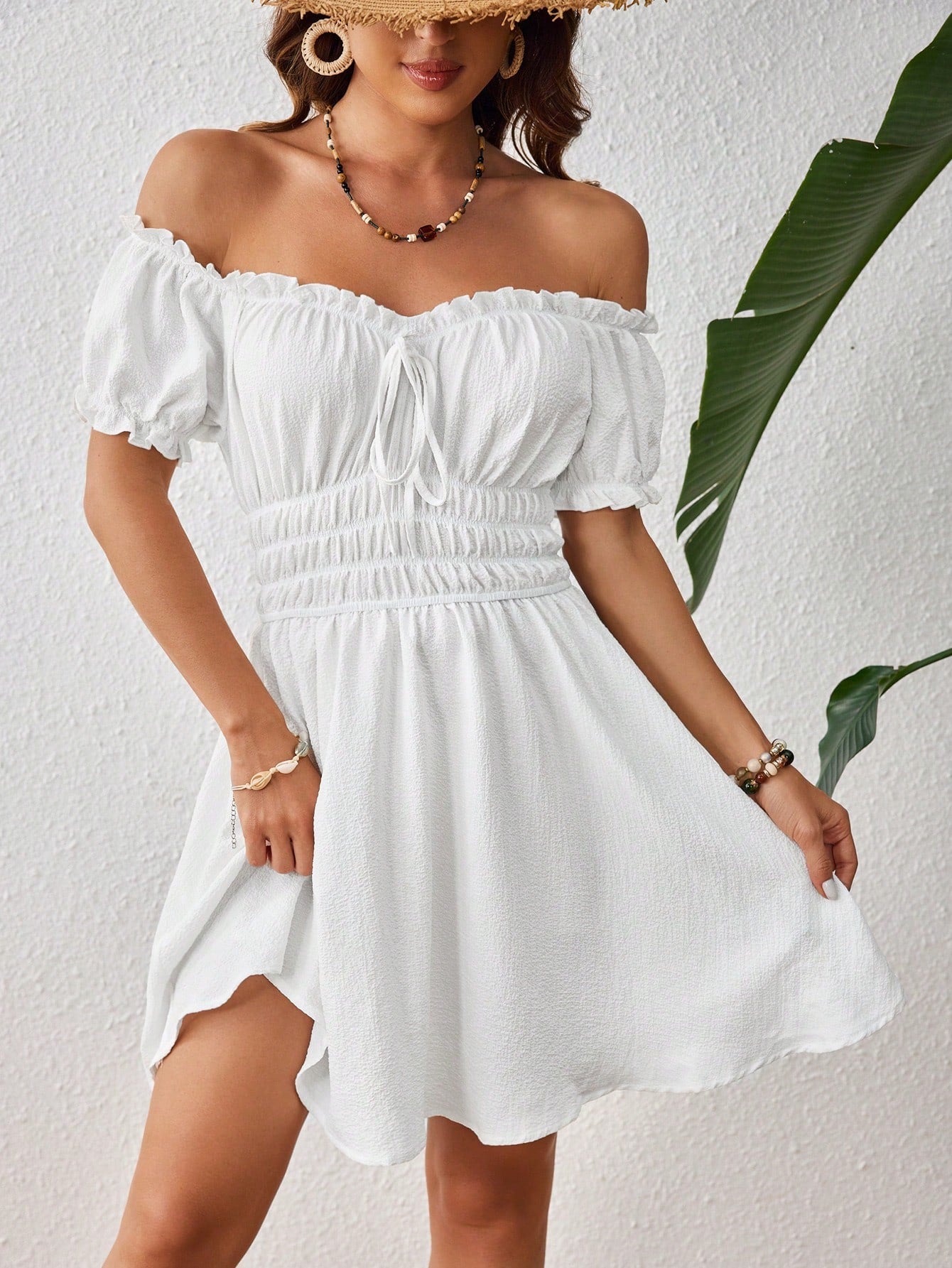 One Line Shoulder Ruffles Waisted Summer Beach Women Dress