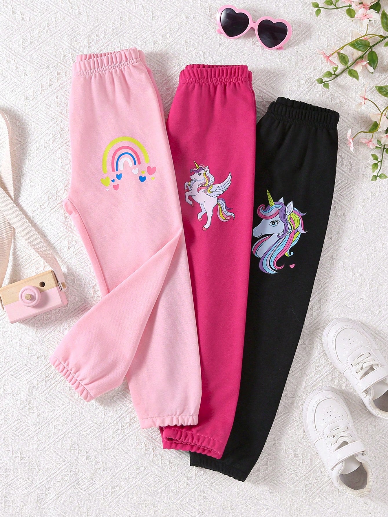 Young Girl 3pcs Casual Sporty Unicorn Print Jogger Pants With Elastic Waistband And Cuffs, Spring & Autumn