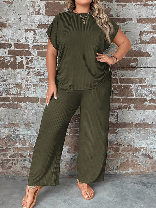 Plus Size Women's Round Neck Short Sleeve Top With Side Drawstring And Pants Two Piece Set