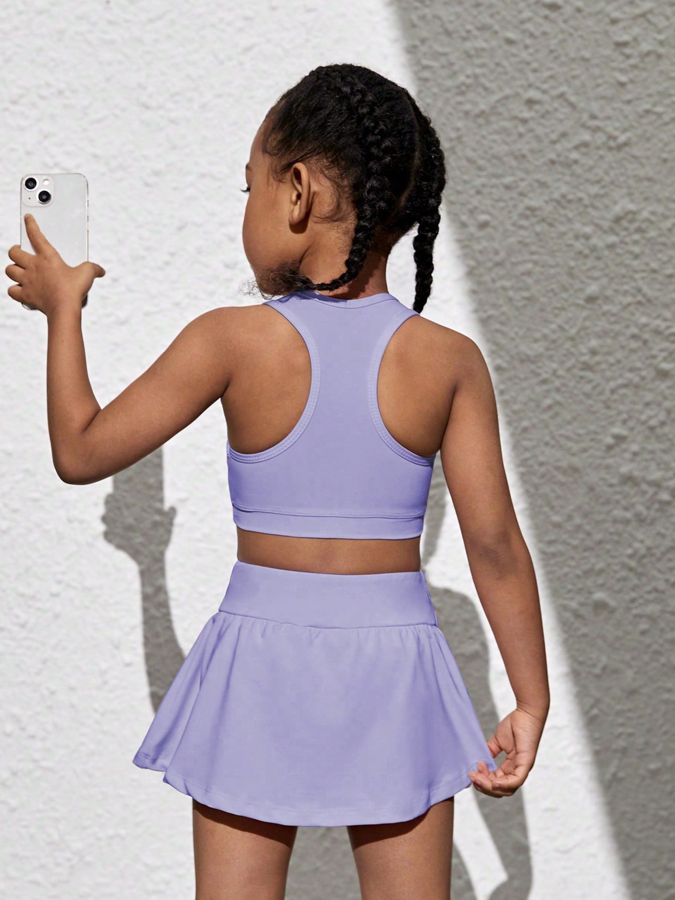 Young Girls Solid Color Tank Top And Skort Sportswear Set