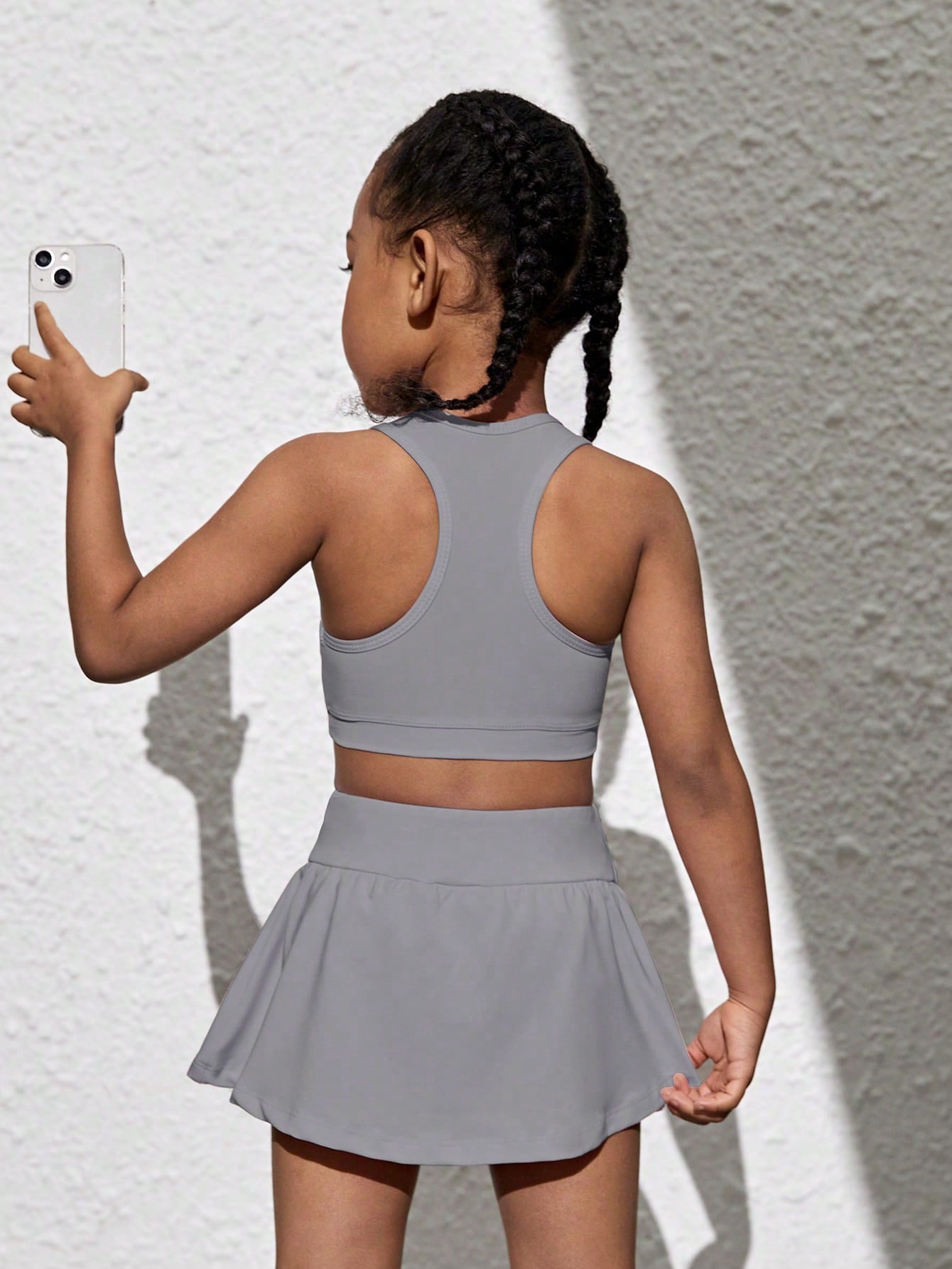 Young Girl Monochrome Crop Top With Letter Back & Skort Sports Suit