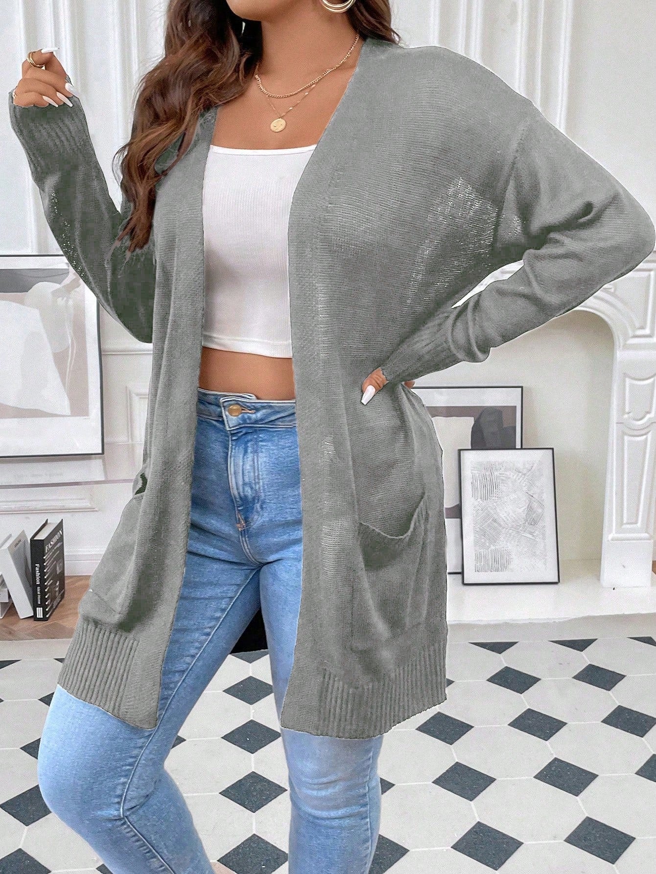 Frenchy Plus Dual Pocket Drop Shoulder Open Front Cardigan