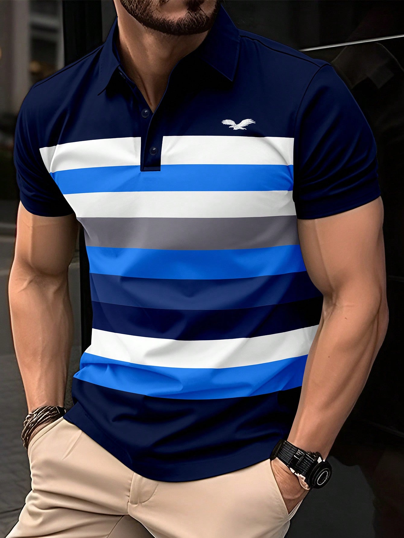 Men's Fashion Contrast Color Striped Short-Sleeved Polo Shirt