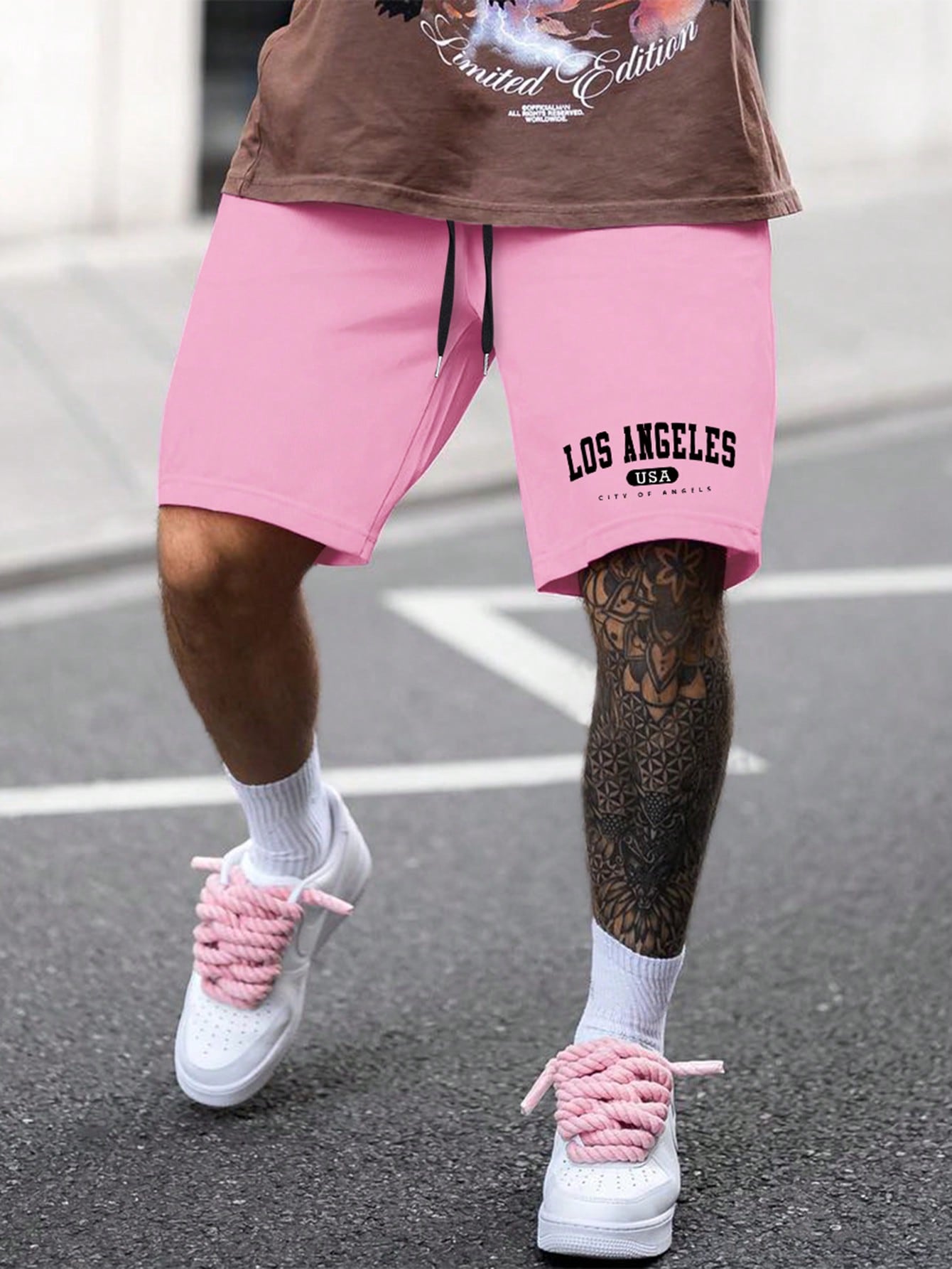 Men Letter Graphic Drawstring Waist Shorts Sweat Los Angeles Workout Dad And Me