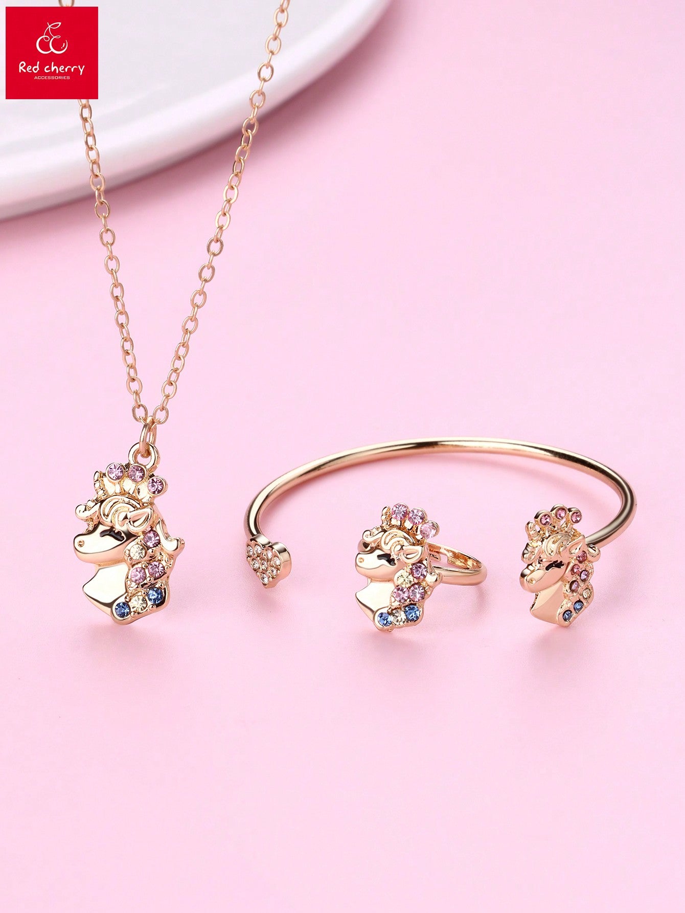 1pc Necklace, 1pc Bracelet, 1pc Ring Set For Girls, Zinc Alloy, Cute Unicorn Design, Colorful Oil Drip, Gold Plated, Suitable For Daily Wear