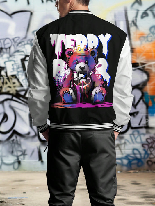 Men's Plus Size Cartoon & Letter Printed Color Block Baseball Jacket