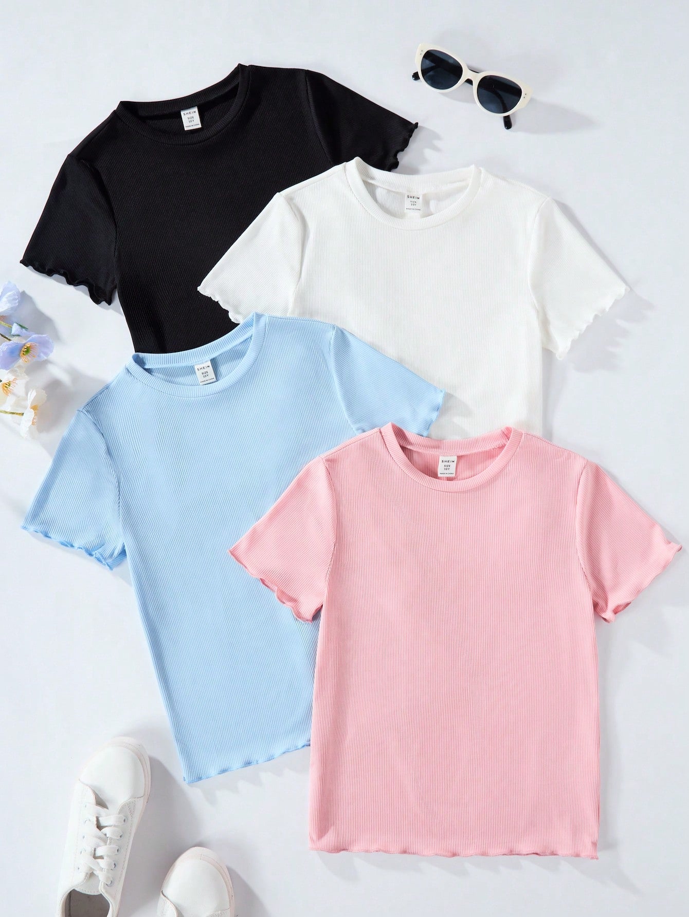 Tween Girls' Short Sleeve T-Shirt Set In Black, White, Blue And Pink, Made Of Ribbed Clean Fabric For A Versatile Summer Outfit