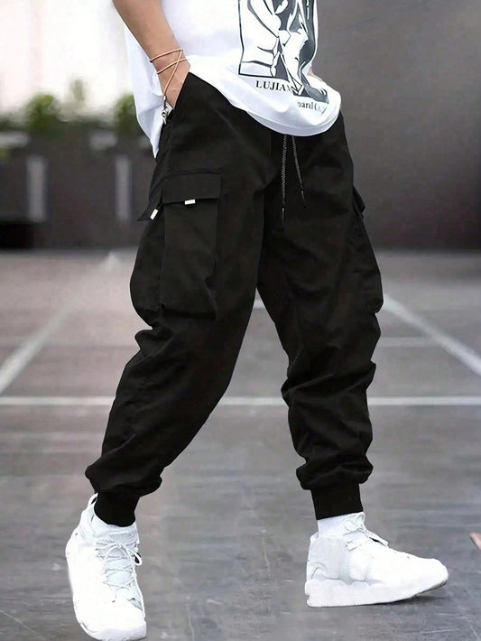 Tween Boy Flip Pocket Fashionable And Casual Drawstring Jogger Pants With Cuffs