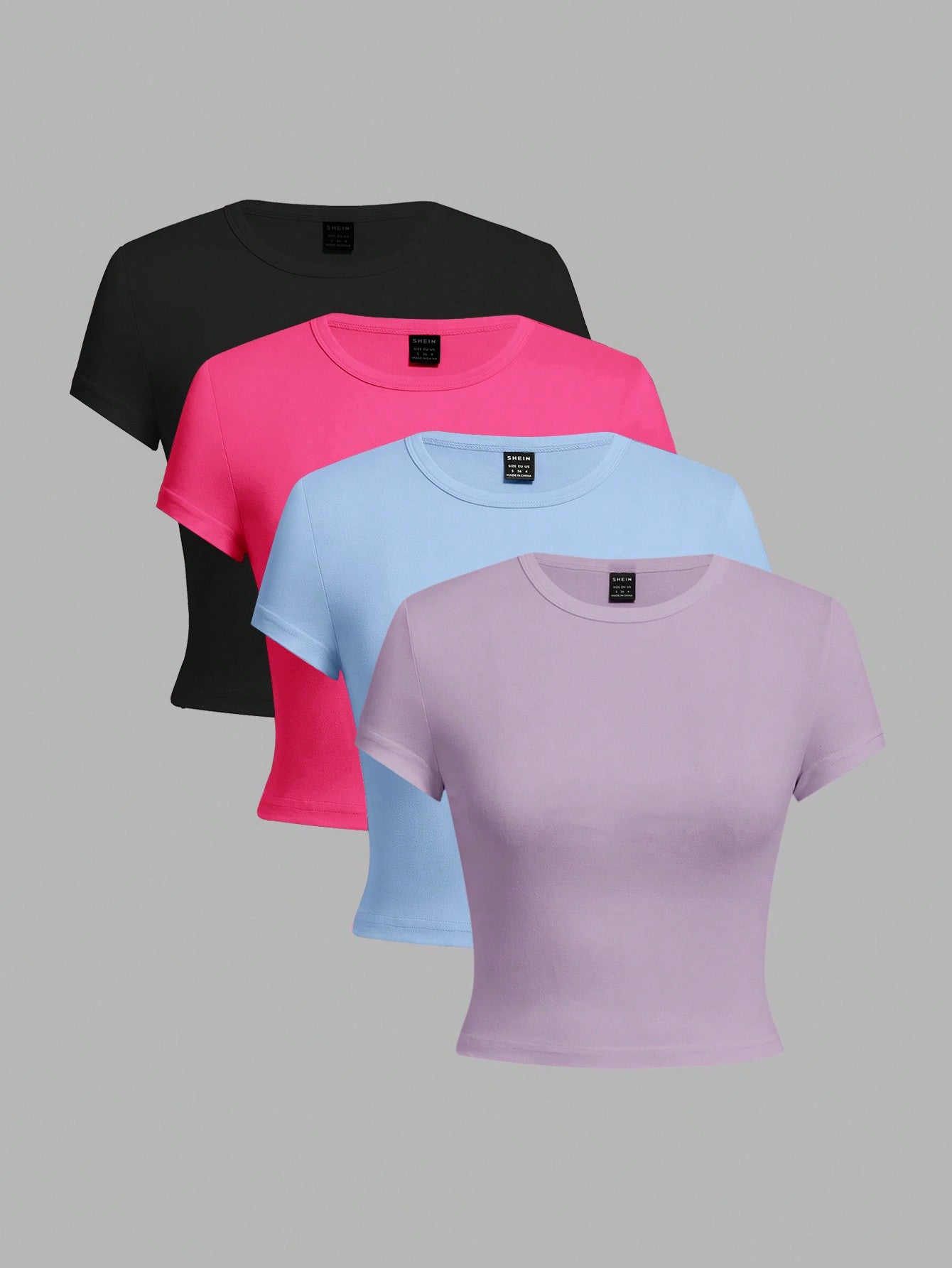 4pcs/Set Casual Round Neck Crop Sleeve Crop Lady's T-Shirt For Summer, Slim Fit