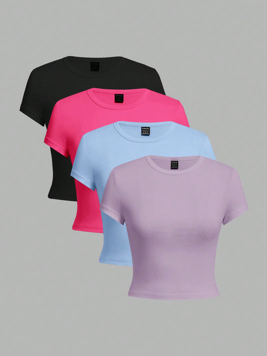 4pcs/Set Casual Round Neck Short Sleeve Slim Fit Women T-Shirt, Summer