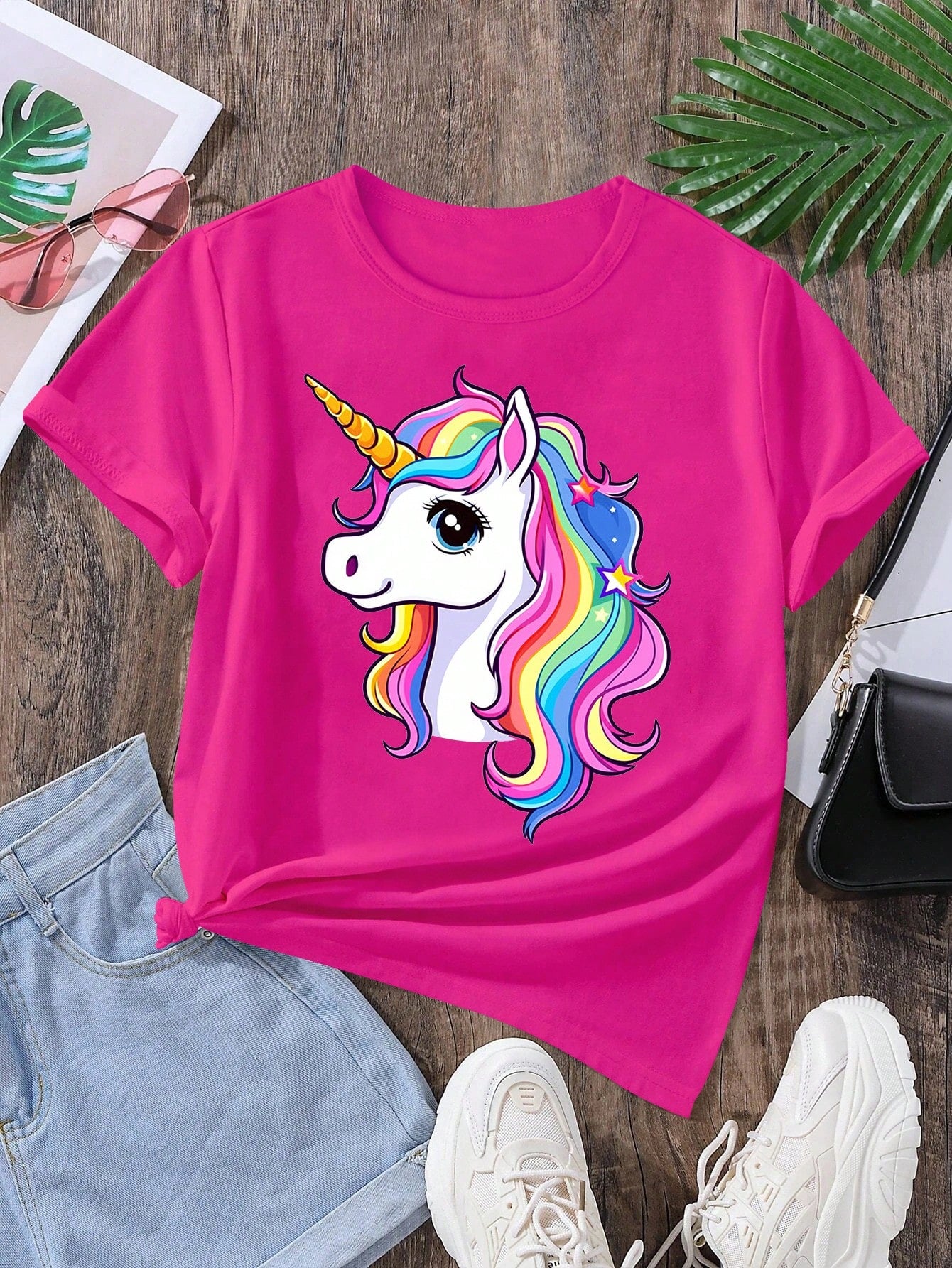 Tween Girl Summer New Unicorn Cartoon Cute & Dynamic Printed Black T-Shirt