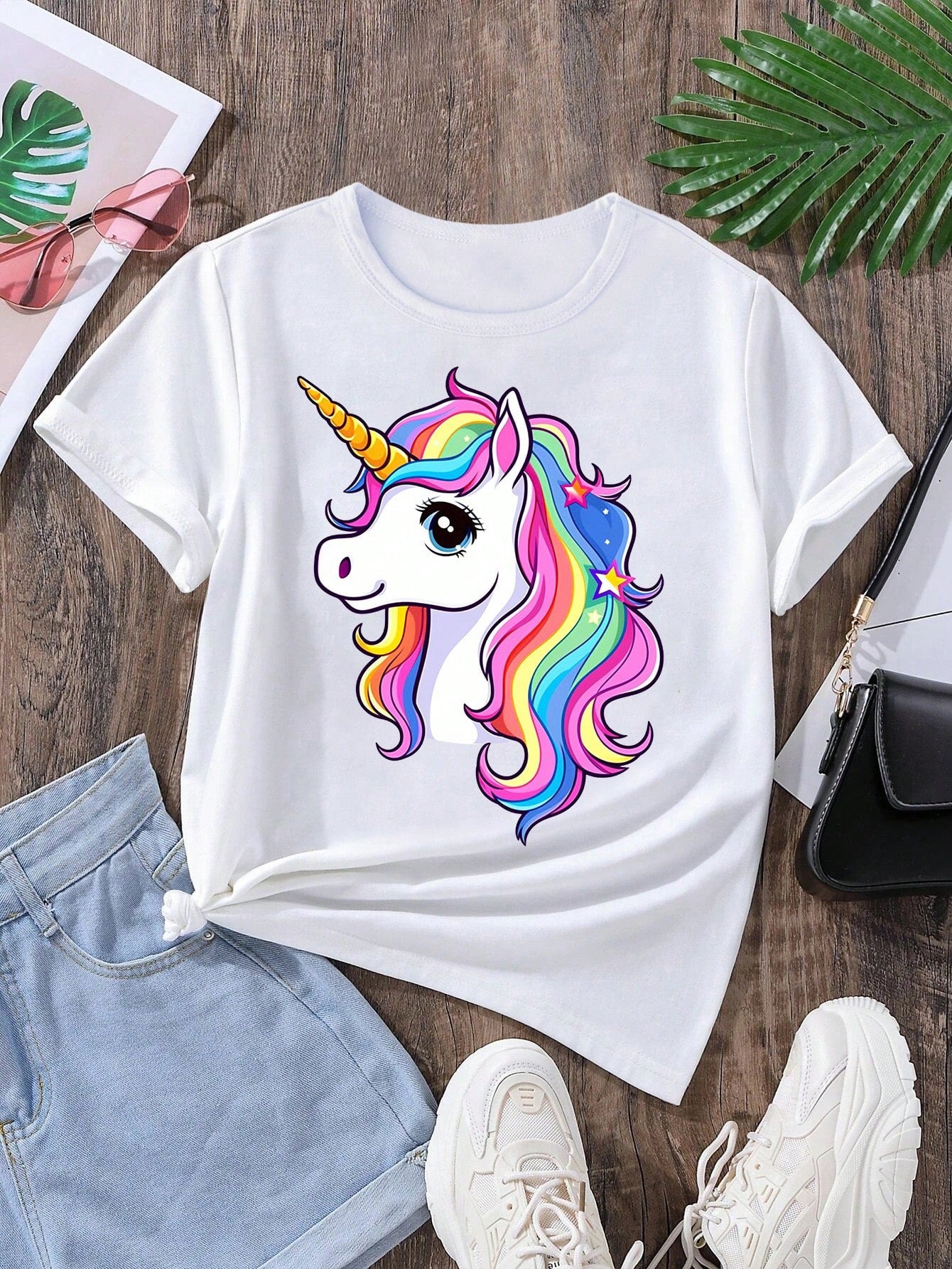 Tween Girl Summer New Unicorn Cartoon Cute & Dynamic Printed Black T-Shirt