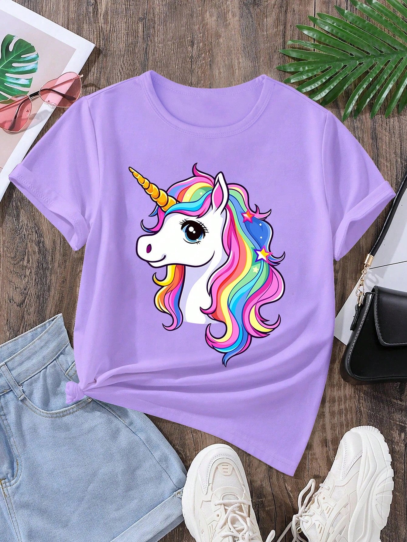 Tween Girl Summer New Unicorn Cartoon Cute & Dynamic Printed Black T-Shirt