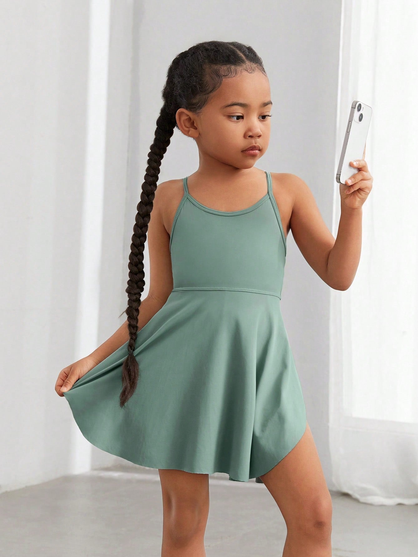 Young Girl Solid Sports Dress With Phone Pocket