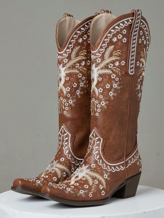 Floral Western Cowboy Boots Cowgirl Chunky Heel Mid Calf Boot Snip Toe Embroidery Wedding Boots