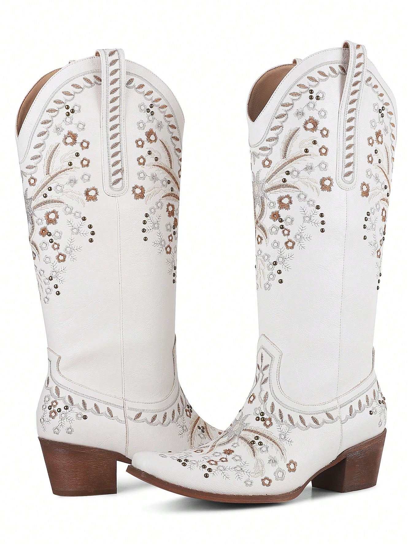 Floral Western Cowboy Boots Cowgirl Chunky Heel Mid Calf Boot Snip Toe Embroidery Wedding Boots