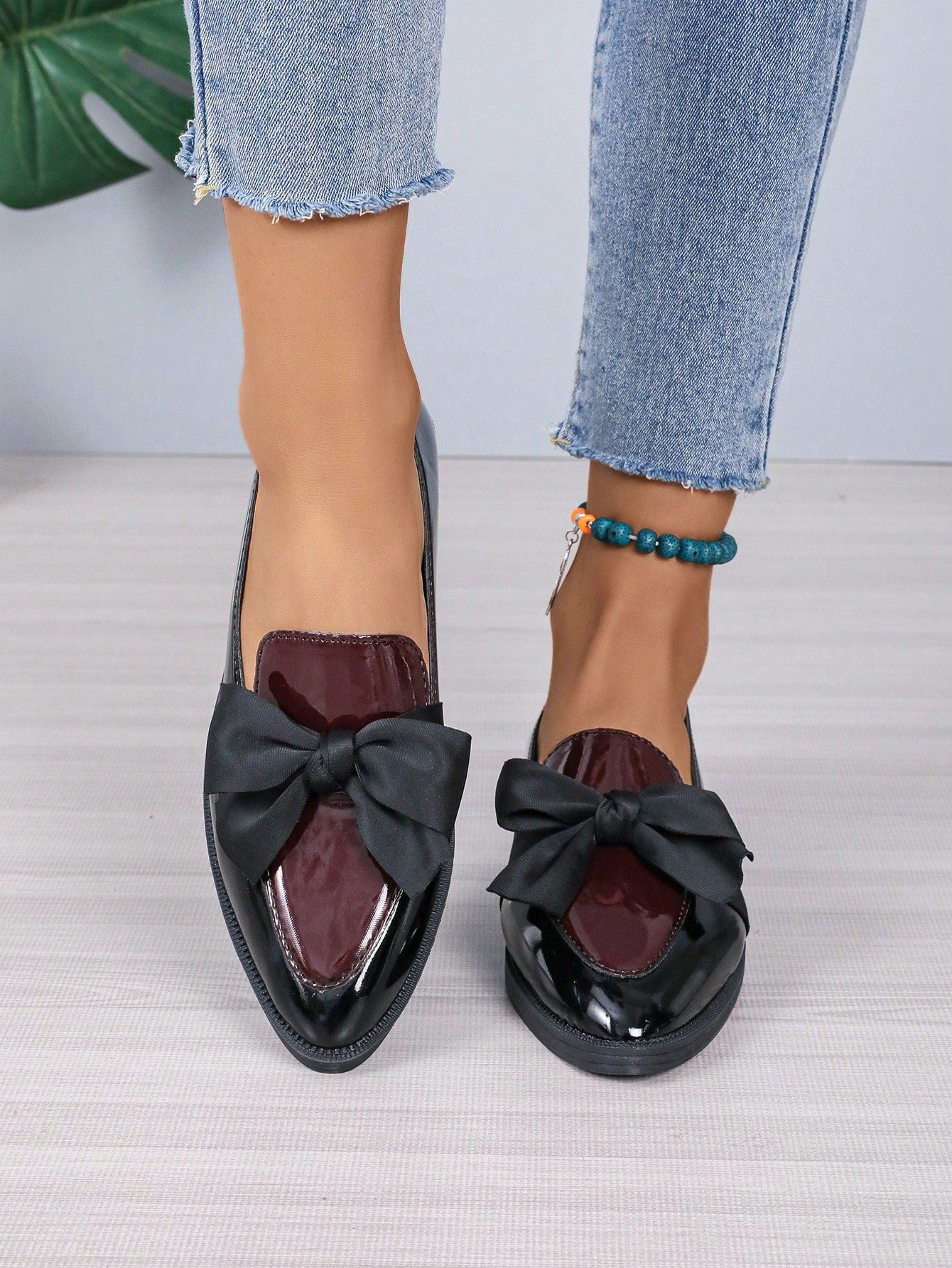 Women's Bow Knot Outdoor Flat Loafers For Daily, Casual, Occupational Wear, Comfortable Pointy Toe Square Heel Shoes