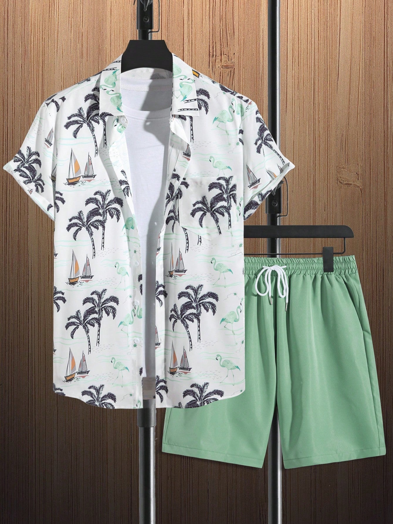 2pcs Men's Tropical Print Shirt And Shorts Set