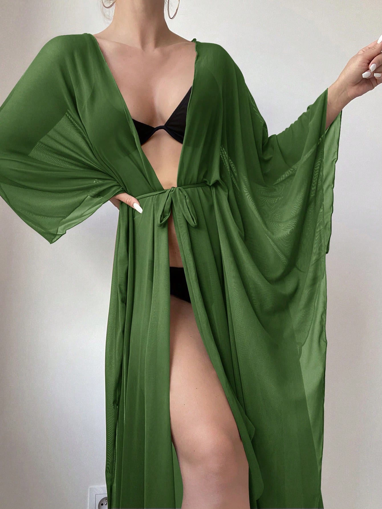 Swim Summer Beach Lettuce Trim Belted Kimono Without Bikini Set