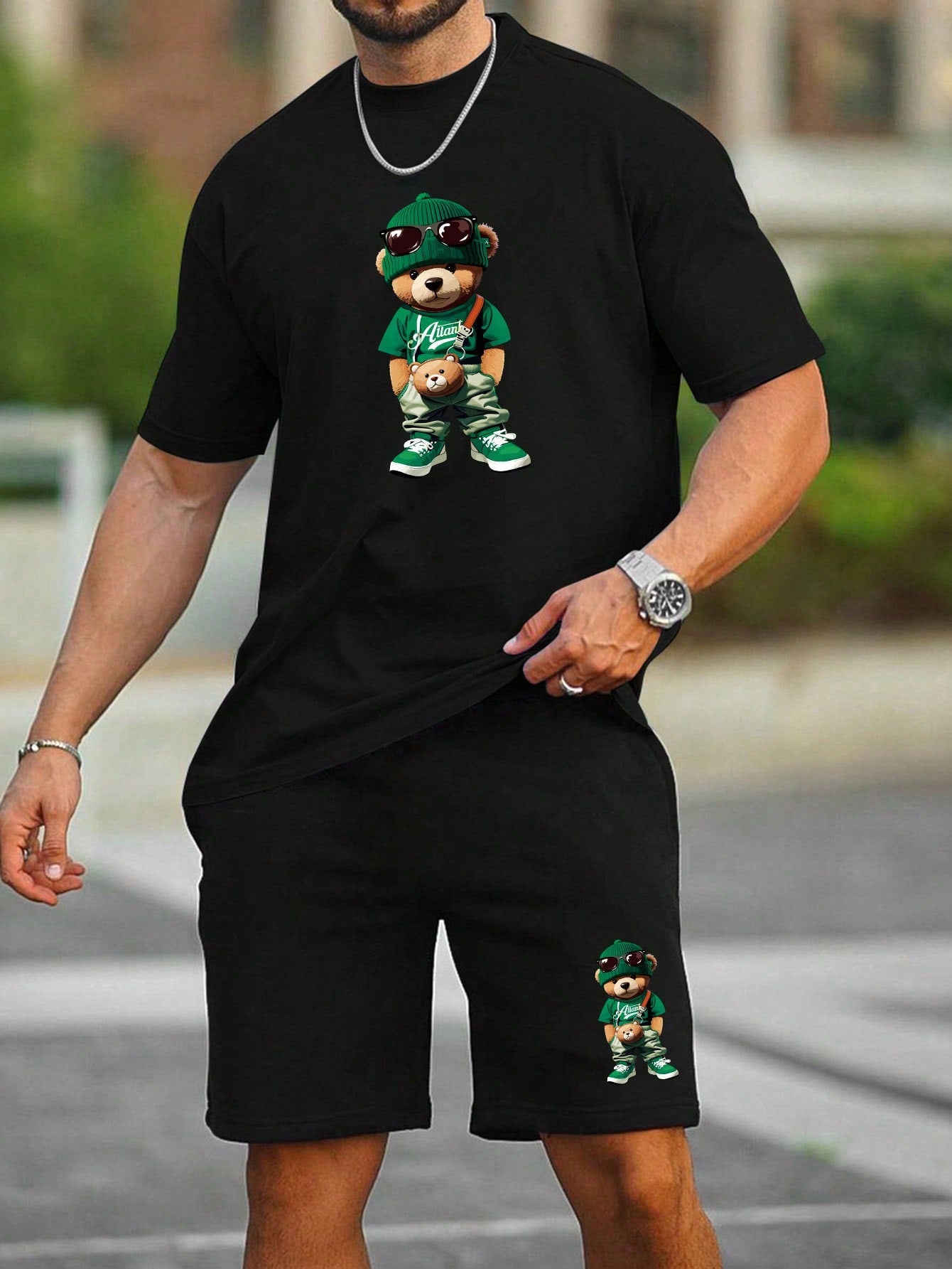 Black Knitted Men's Bear Printed Short Sleeve T-Shirt And Shorts 2pcs/Set