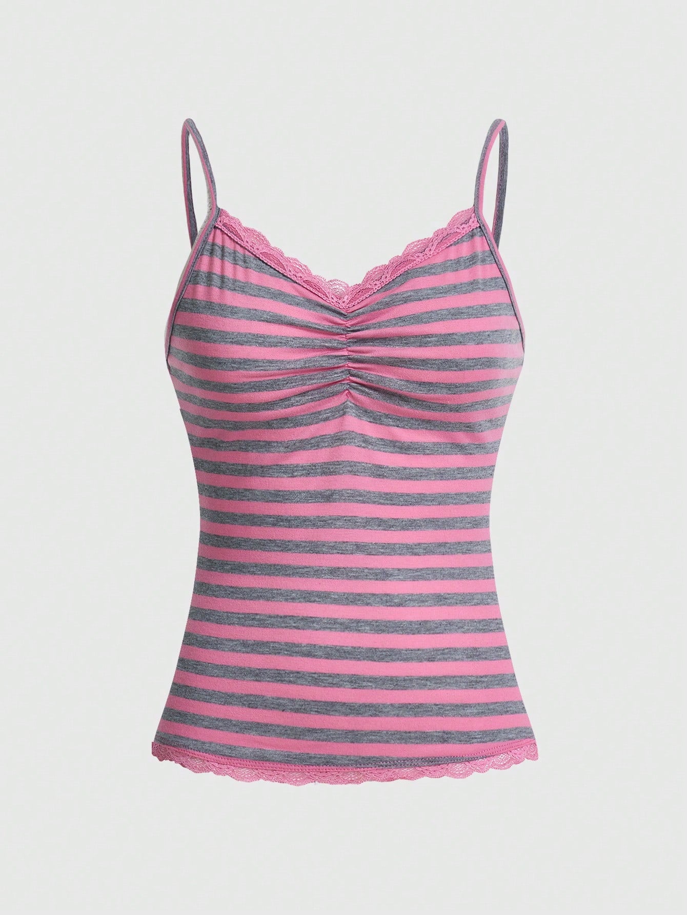 Lace Trimmed Pink Striped & Floral Printed Camisole With Thin Shoulder Straps