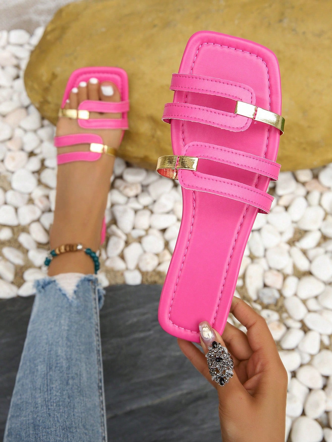 Women's Summer New Hollow-Out Open Toe Slide Sandals, Pink Square Toe Gold Strap, Casual Beach Holiday Daily Wear Flat Sandals