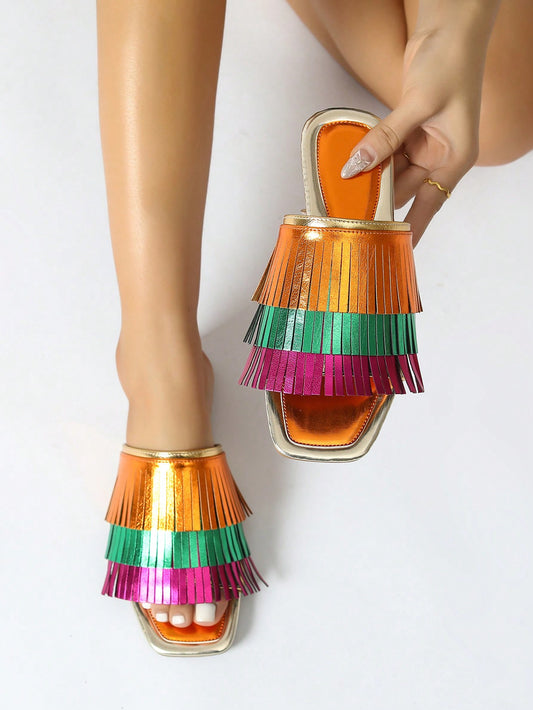 Women's Flat Sandals, Golden Slippers, Fashionable Flat Shoes, Multi-Color Spliced, Tassel Decoration, Trendy Women's Shoes, Great For Evening Party