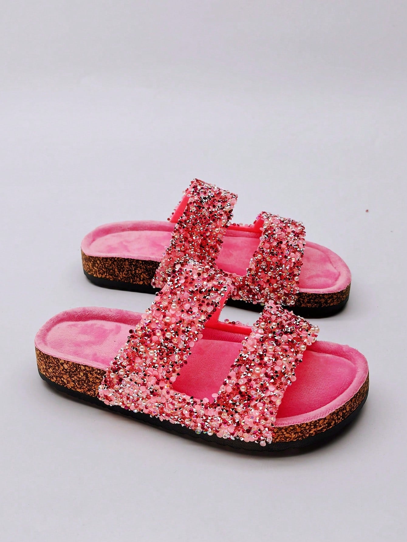 New Faux Cork Double Strap Slippers With Diamante Glitter, Soft & Cushioned