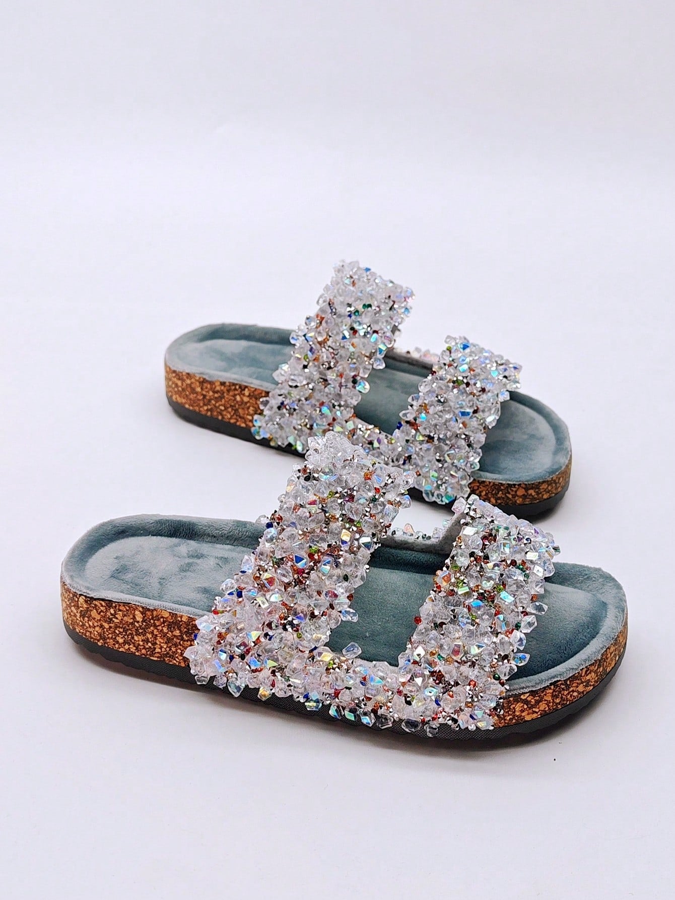 New Faux Cork Double Strap Slippers With Diamante Glitter, Soft & Cushioned