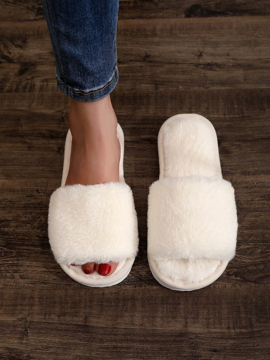 Fluffy Women's Indoor Slippers, Furry Slides, Open Toe, Soft Sole, 4 Seasons