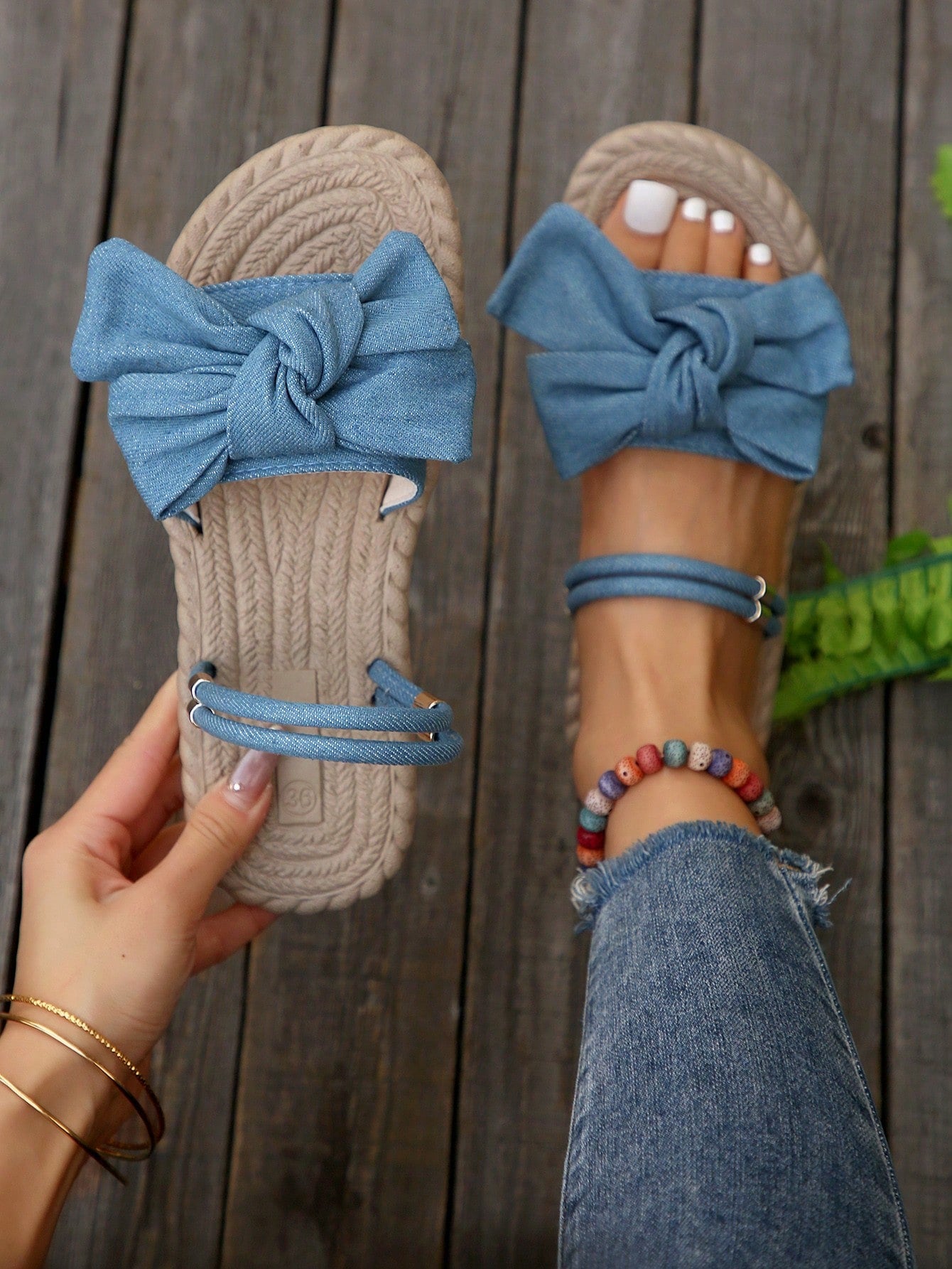 Women Ribbed Knit Bow Espadrille Open Toe Slide Sandals, Vacation Outdoor Polyester Flat Sandals