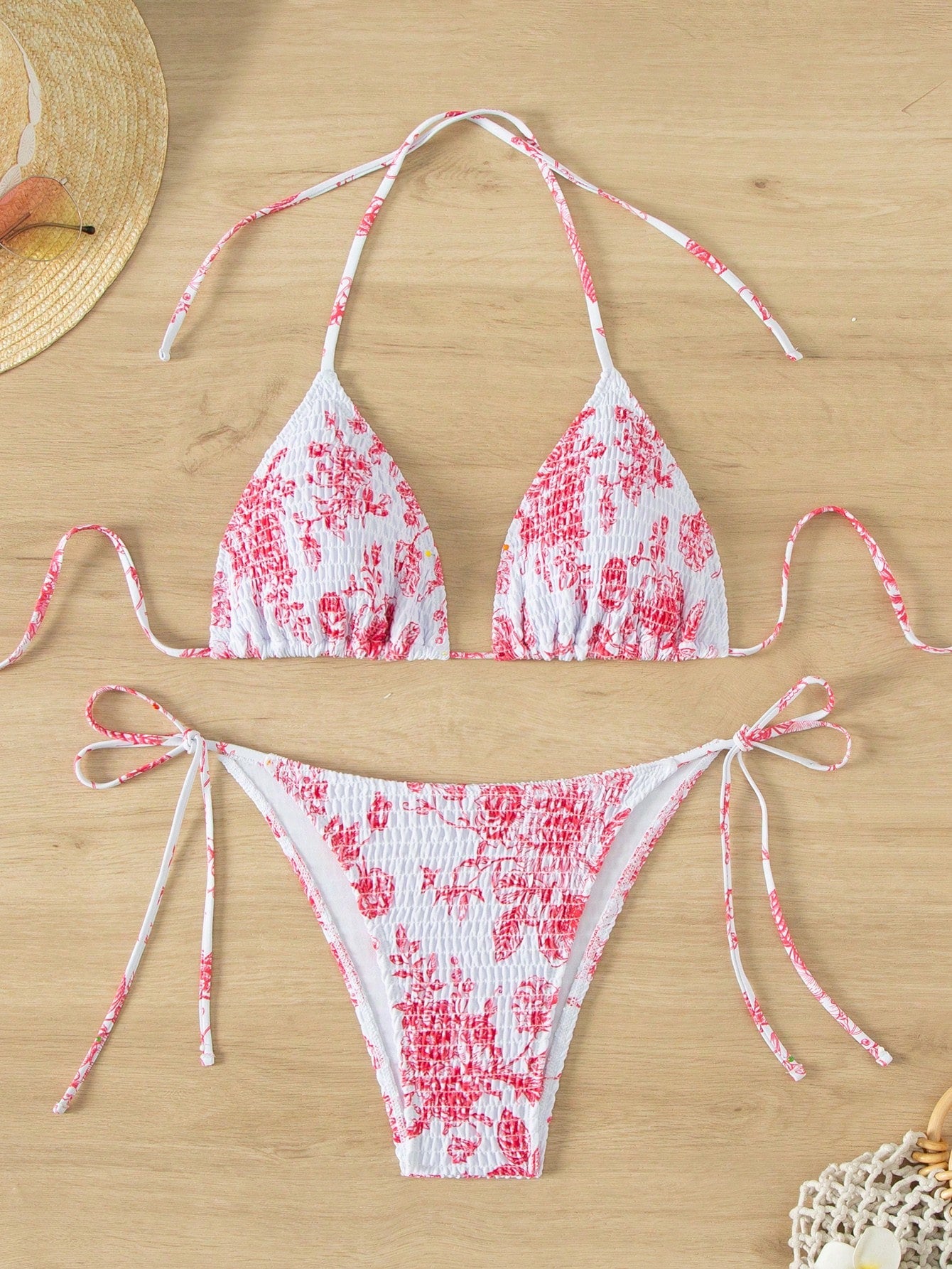 Swim Mod Summer Beach Floral Printed Padded Halter Neck Bikini Set With Bottoms