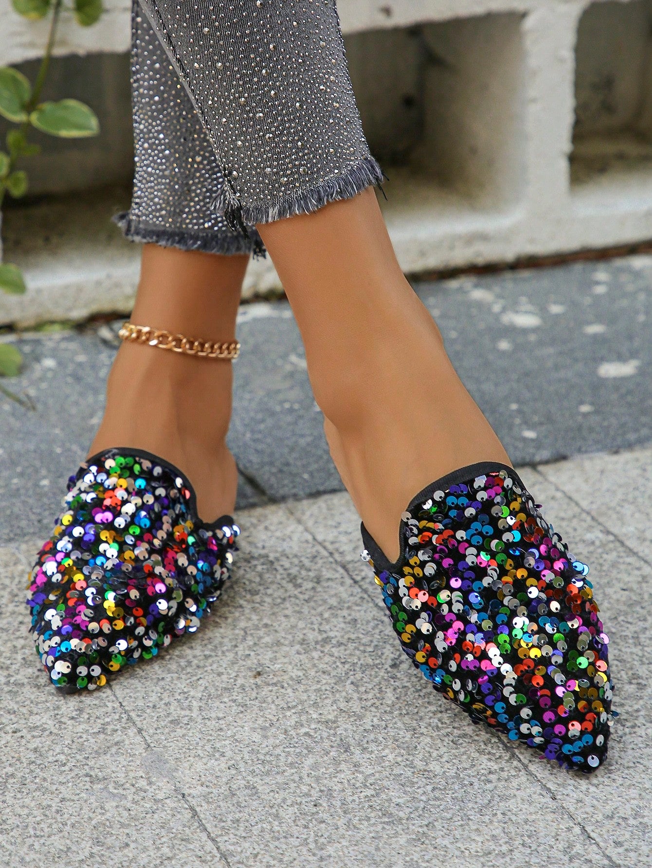 Large Size 35-45 Women's Fashion Pointed Toe Colorful Glitter Flat Mules Slip-Ons For Daily Wear And Outdoor Activity Occasion, Soft Bottom Women's Flats