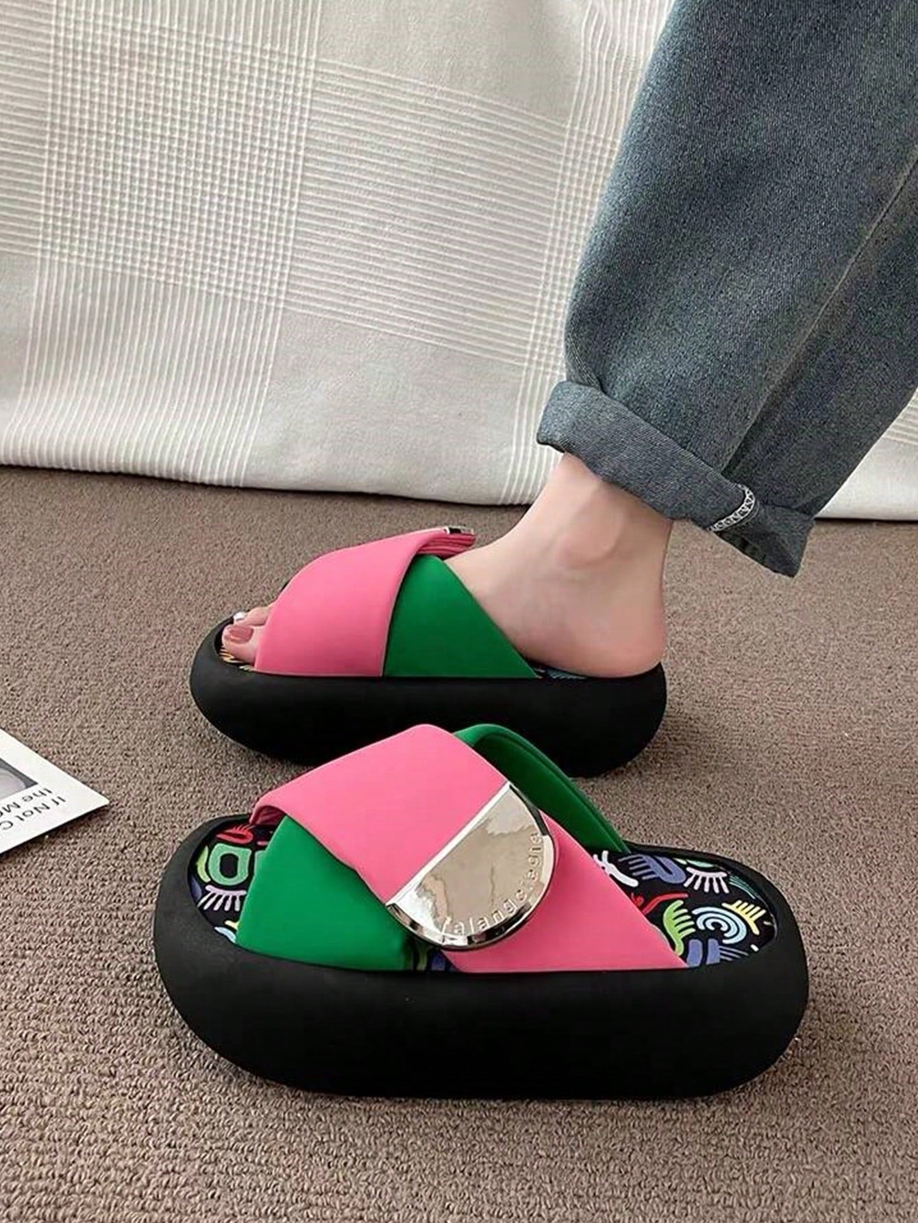 Women's Graffiti Colorblock Slides, Summer Outdoor Beach Slipper, Thick-Soled Trendy Platform Flip-Flops, Wedge Heel Sandals