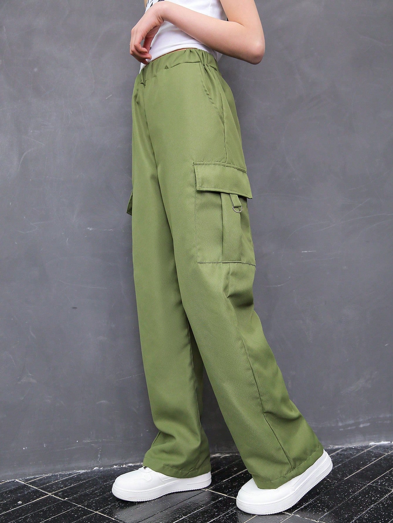 Seasonal Casual Solid Color Cargo Pants For Tween Girls