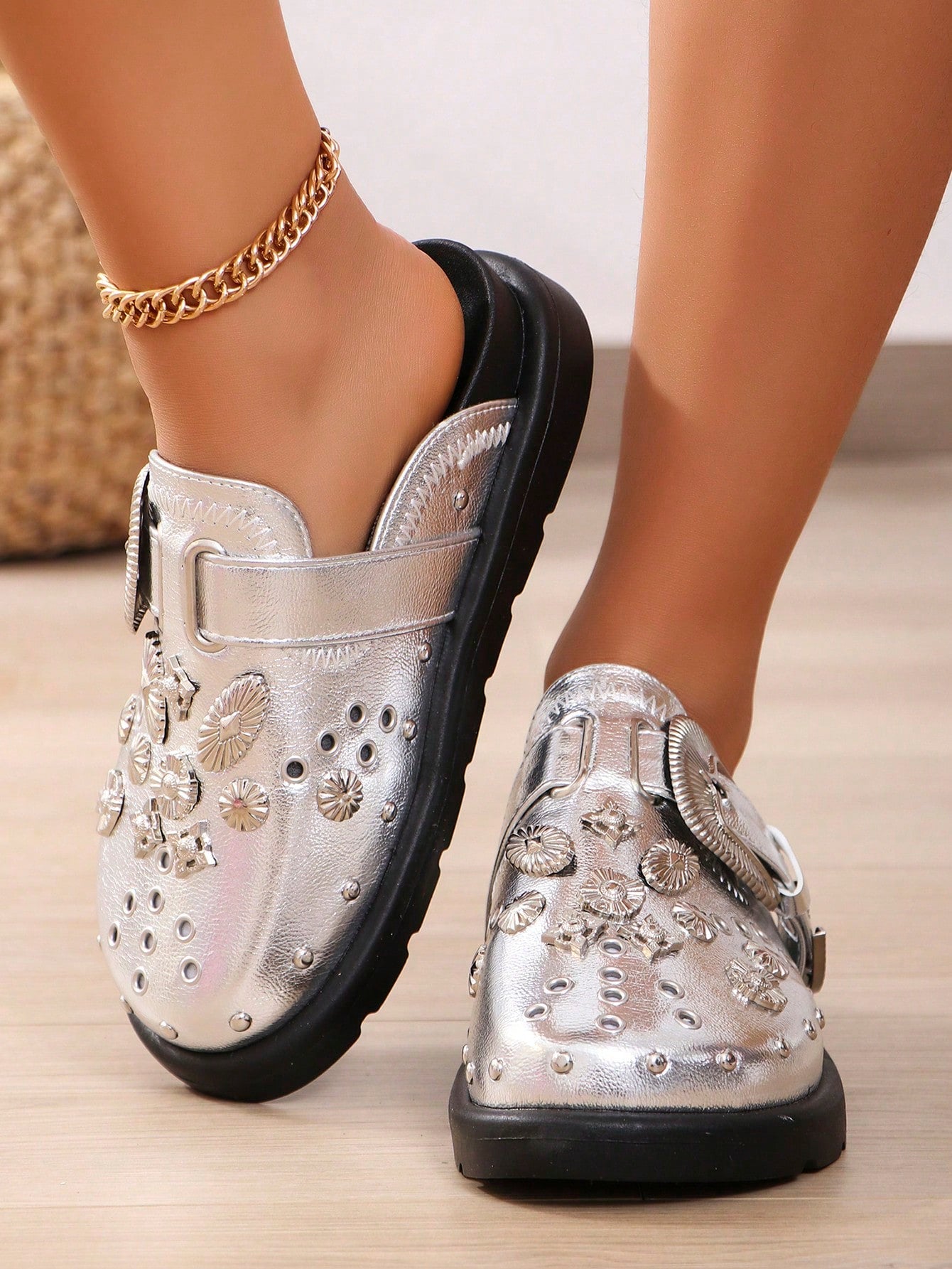 Women's Wedge & Platform Mules With Metallic Rhinestone Decorated Flat Sole Shoes