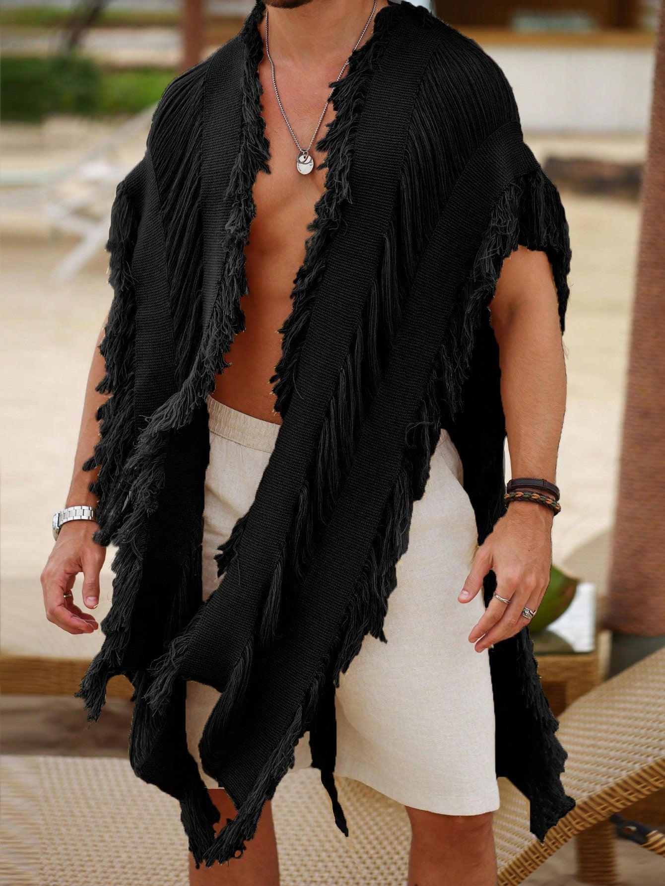 Men's Solid Color Fringe Cardigan Suitable For Vacation And Travel Accessories