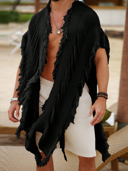 Men's Solid Color Fringe Cardigan Suitable For Vacation And Travel Accessories