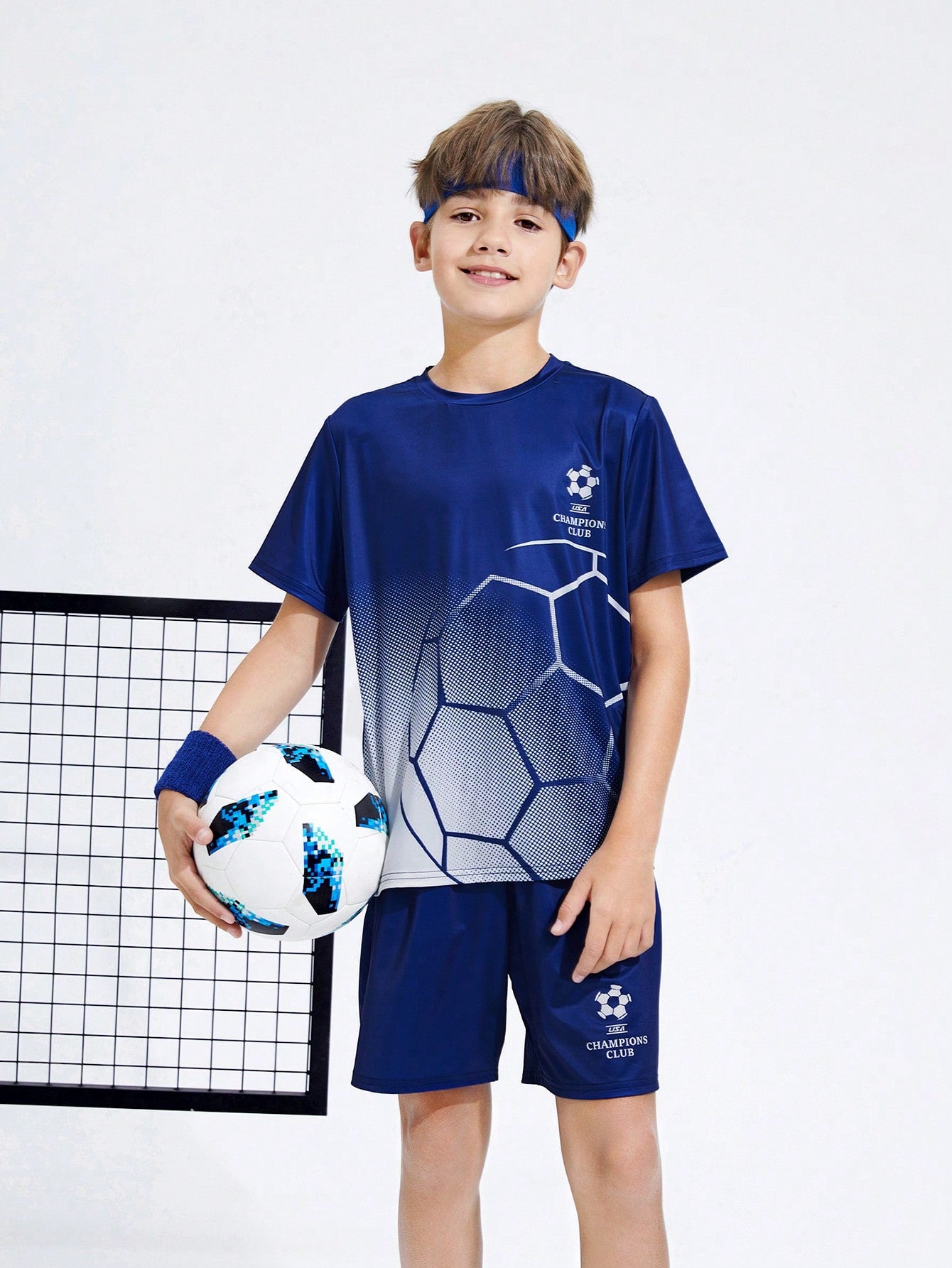 Tween Boys' Casual Football Patterned Round Neck Short Sleeve T-Shirt And Shorts Sports Outfit Set