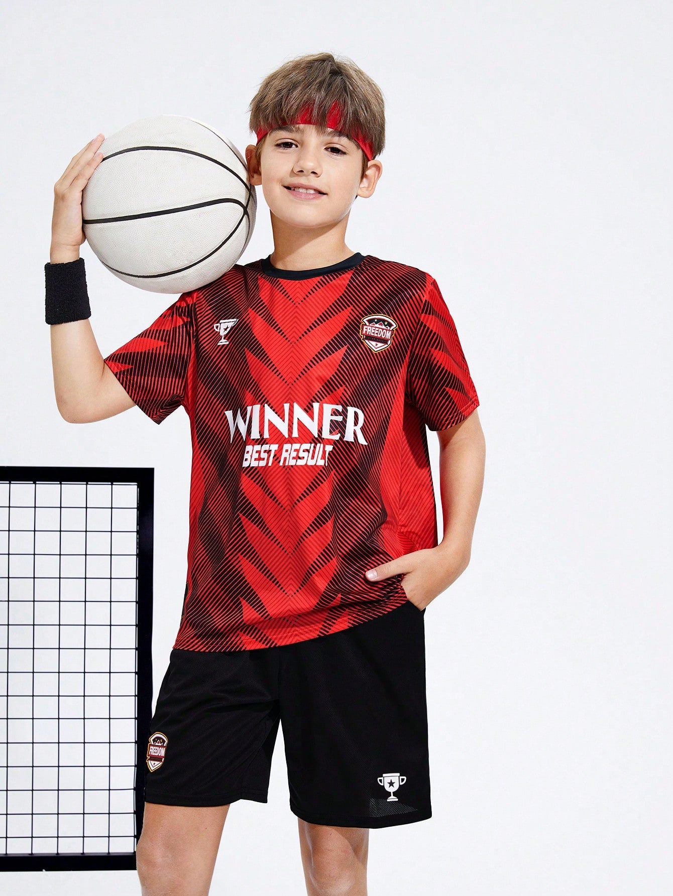 Tween Boy Breathable Iced Silk Letter & Geometric Print Short Sleeve T-Shirt And Shorts Sports Outfits, 2pcs/Set