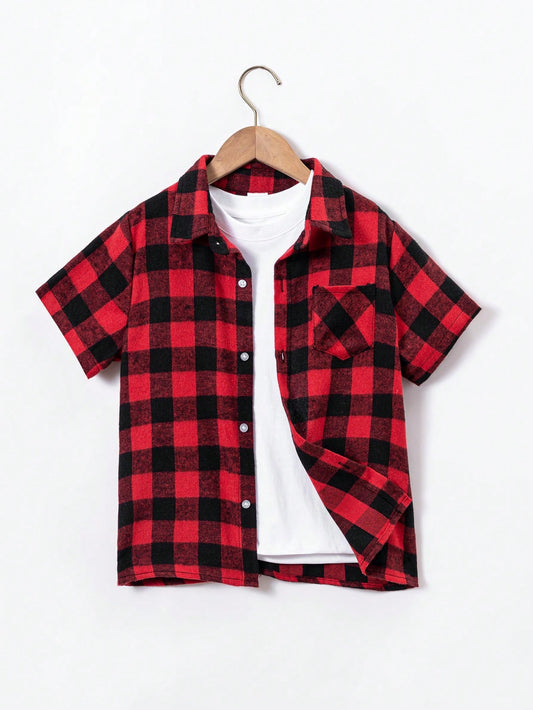 Young Boy Casual Holiday Red And Black Plaid Short Sleeve Shirt