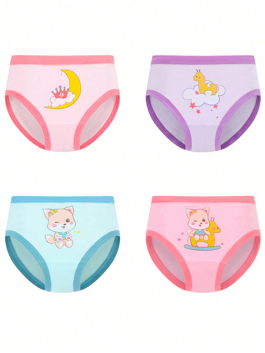 Young Girl 4pcs Soft, Comfortable And Cute Cartoon Printed Casual Triangle Panties