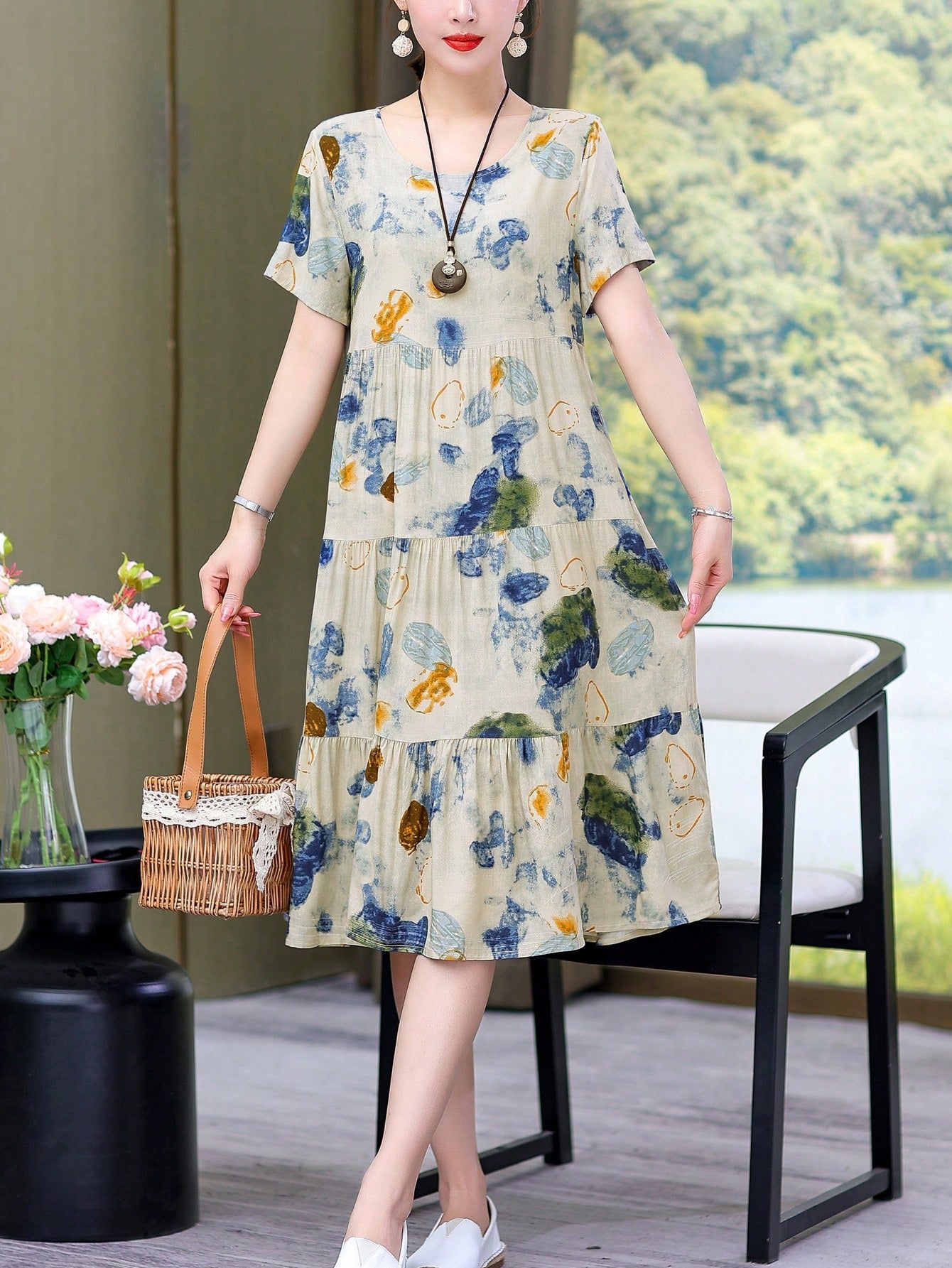 Women New Casual Loose Summer Floral Print Mid-Length Dress