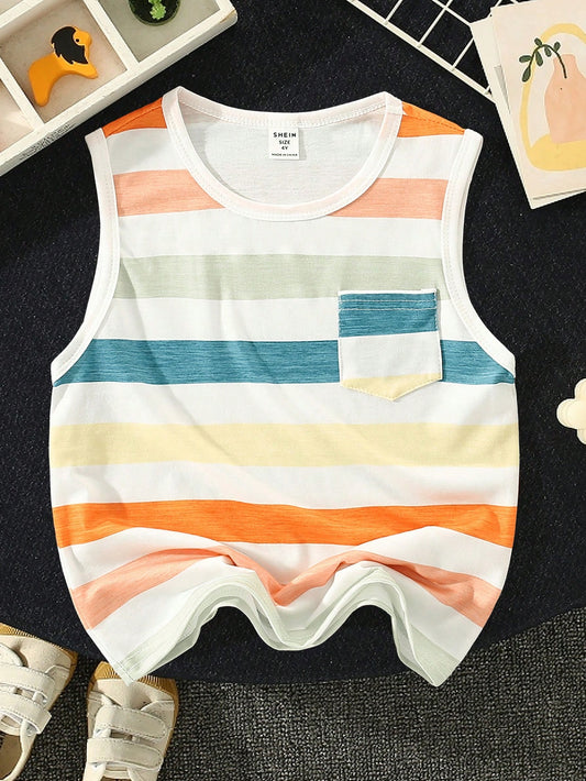 1pc Young Boy's Vacation-Inspired Colorful Striped Print Patched Pocket Tank Top, Loose & Comfortable, Suitable  Or Staying At Home