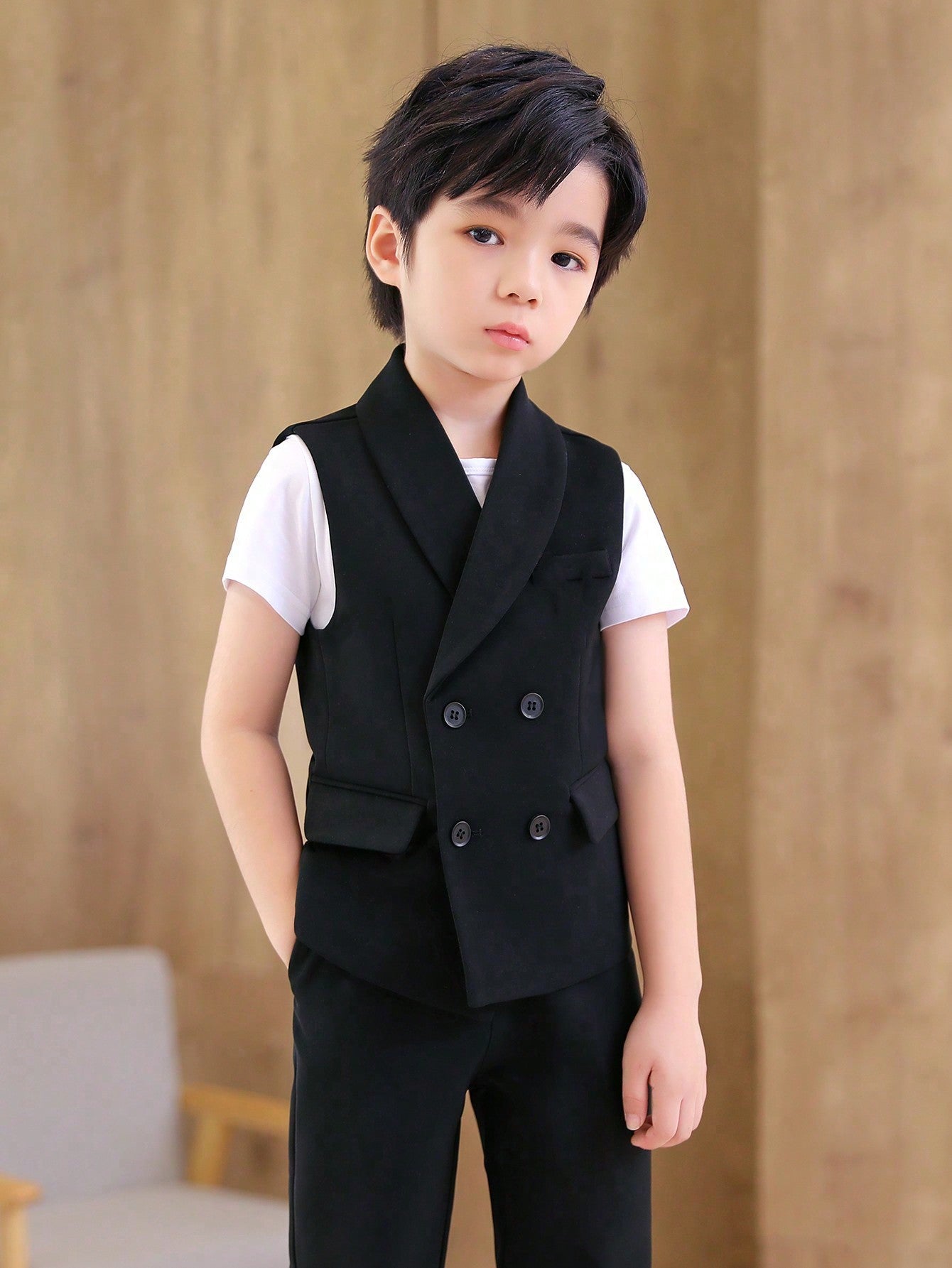 Young Boy Gentleman Style Suit Vest With Mandarin Collar, Pants And Bow Tie Set, Spring/Summer