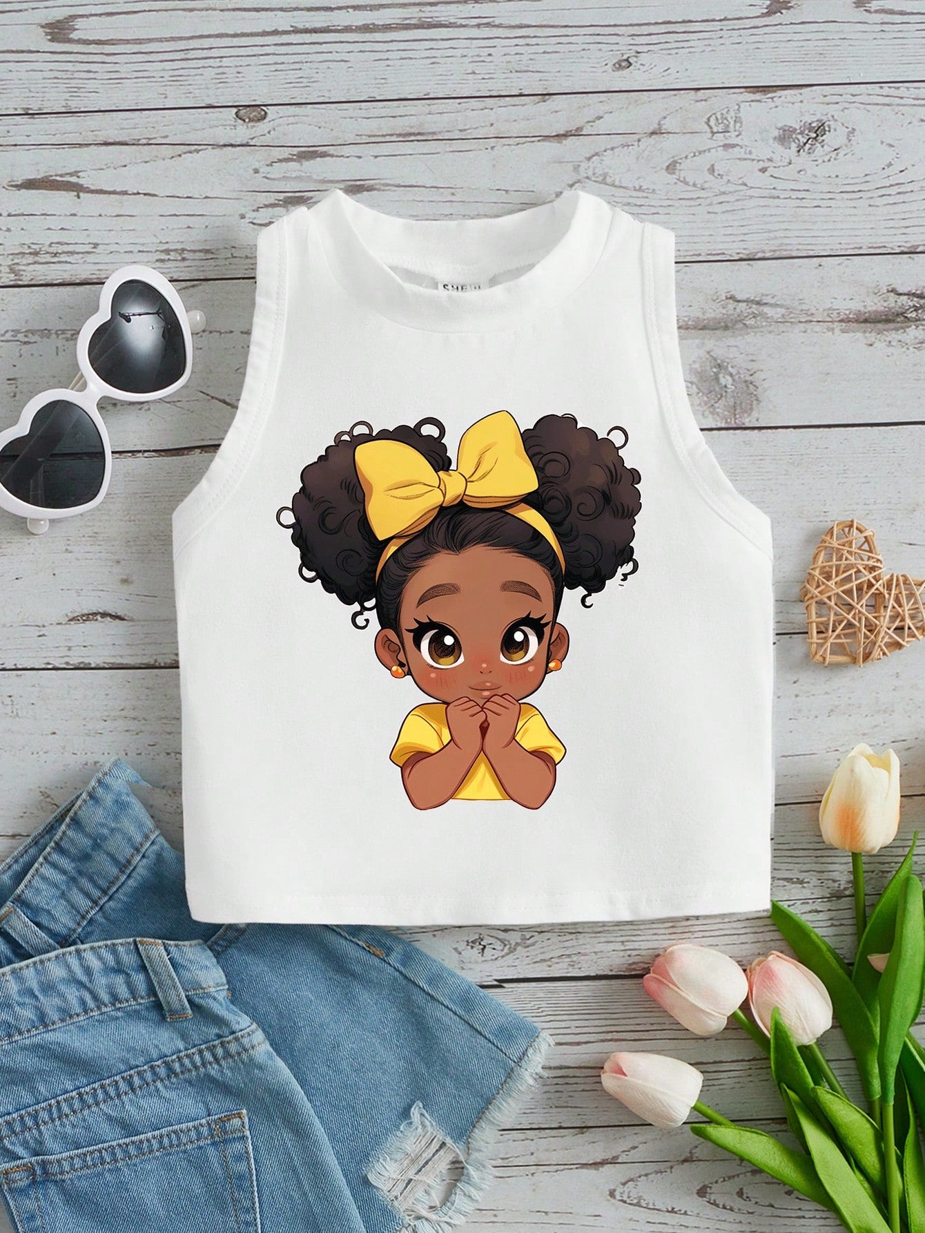 Young Girl Casual Simple Cartoon Ice Cream Pattern Round Neck Tank Top Suitable For Summer