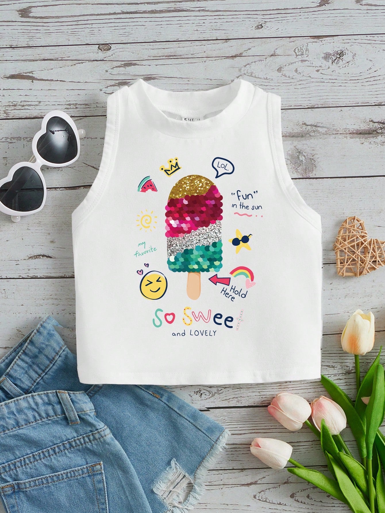 Young Girl Casual Simple Cartoon Ice Cream Pattern Round Neck Tank Top Suitable For Summer