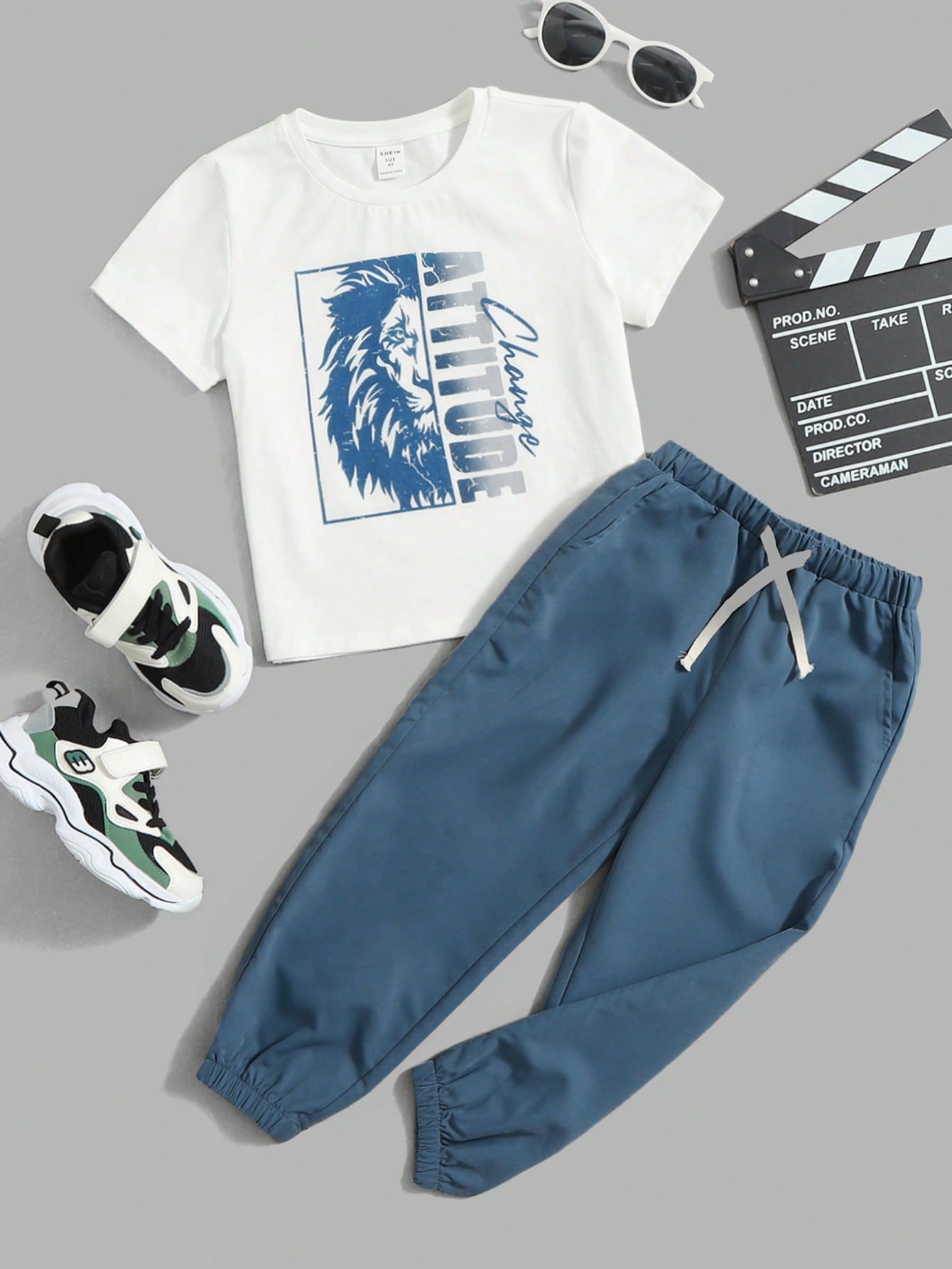 Young Boy Lion & Letter Graphic Tee & Drawstring Waist Pants